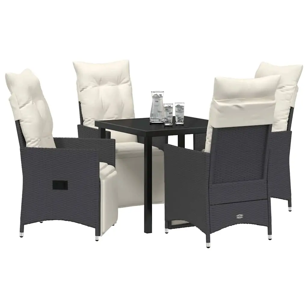 5 Piece Patio Furniture Set for Outdoor Dining with Black Poly Rattan Frame Tempered Glass Tabletop and Cushioned Armchairs