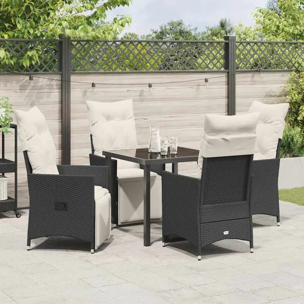 5 Piece Patio Furniture Set for Outdoor Dining with Black Poly Rattan Frame Tempered Glass Tabletop and Cushioned Armchairs