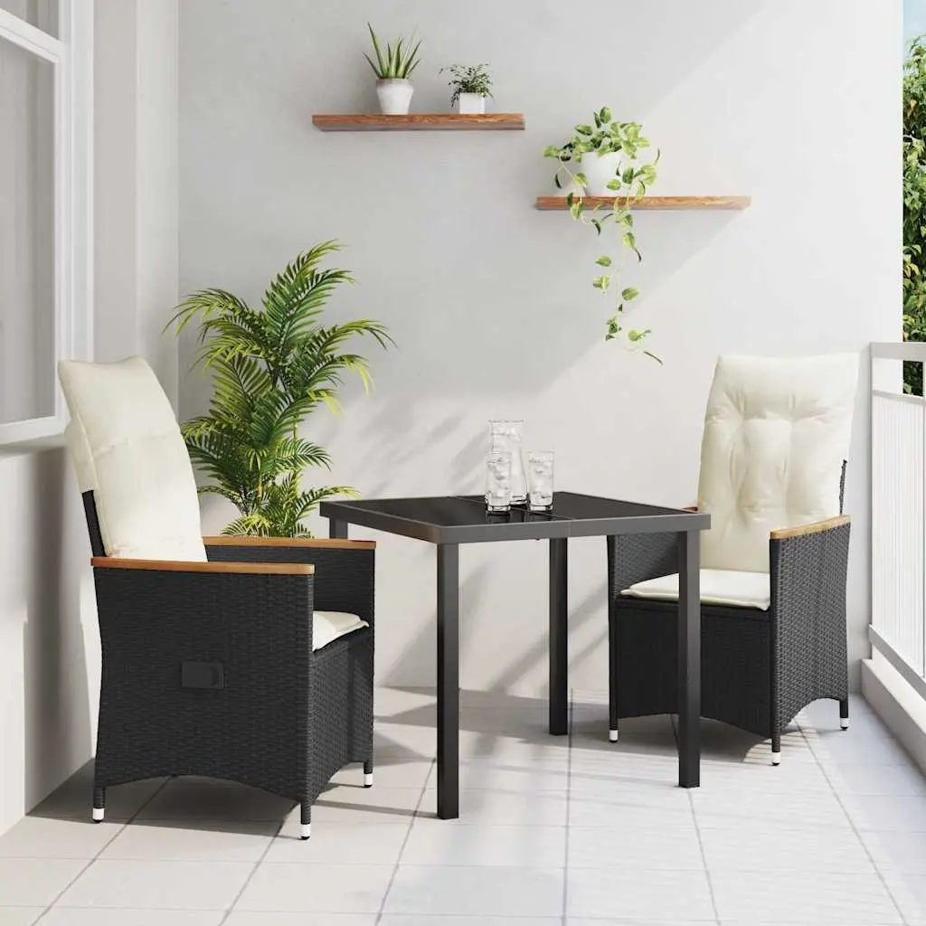3 Piece Garden Dining Set Outdoor Use Black Poly Rattan with Cushions and Tempered Glass Table