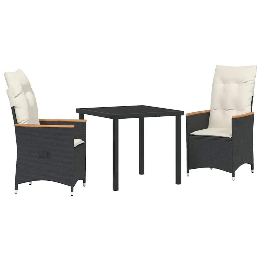 3 Piece Garden Dining Set Outdoor Use Black Poly Rattan with Cushions and Tempered Glass Table