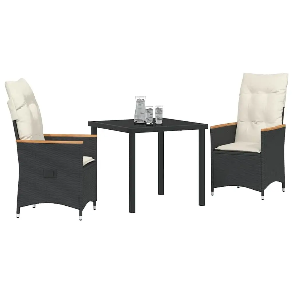 3 Piece Garden Dining Set Outdoor Use Black Poly Rattan with Cushions and Tempered Glass Table