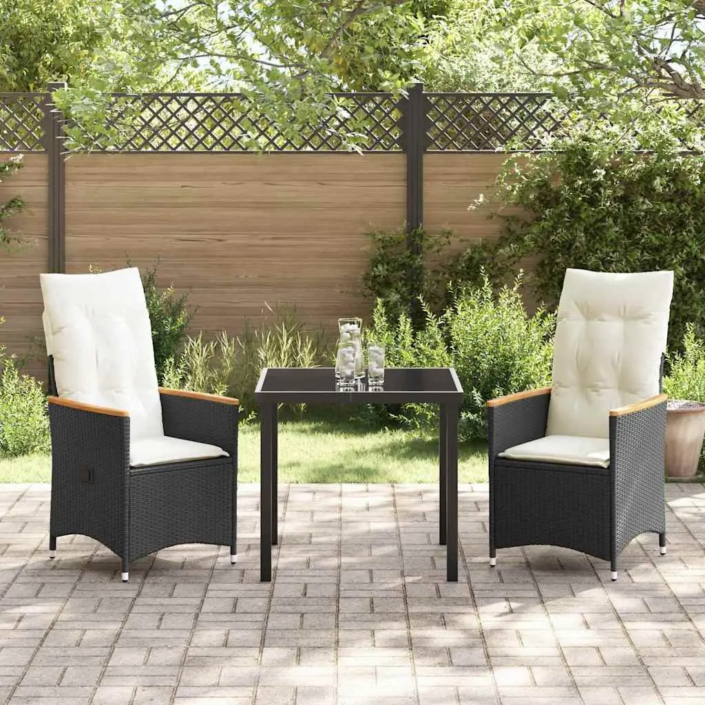 3 Piece Garden Dining Set Outdoor Use Black Poly Rattan with Cushions and Tempered Glass Table