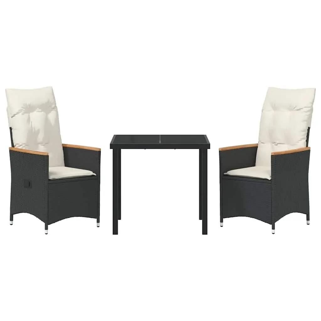 3 Piece Garden Dining Set Outdoor Use Black Poly Rattan with Cushions and Tempered Glass Table