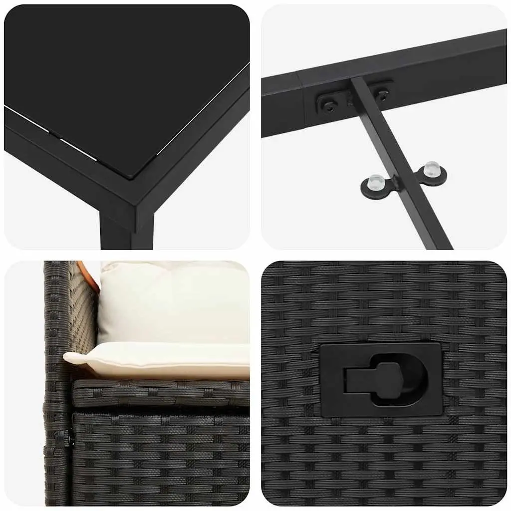 3 Piece Garden Dining Set Outdoor Use Black Poly Rattan with Cushions and Tempered Glass Table