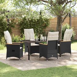 Outdoor Dining Set 5 Piece Black Poly Rattan Garden Furniture with Cushions