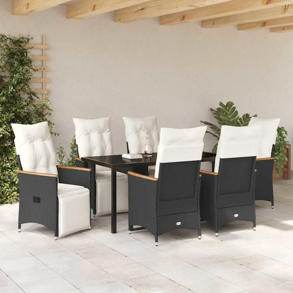 Outdoor Dining Set 7 Piece Black Poly Rattan Garden Furniture with Cushions
