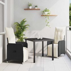 Garden Dining Set 3 Pieces Outdoor Furniture Black Poly Rattan Cushioned Chairs