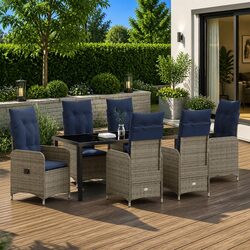 Garden Dining Set: 7 Pieces, Black Frame, Glass Top