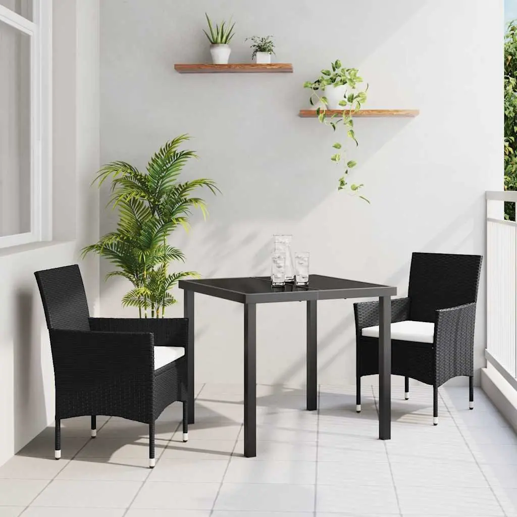 Outdoor Dining Set for Garden 3 Piece Cushioned Black Poly Rattan Chairs and Table