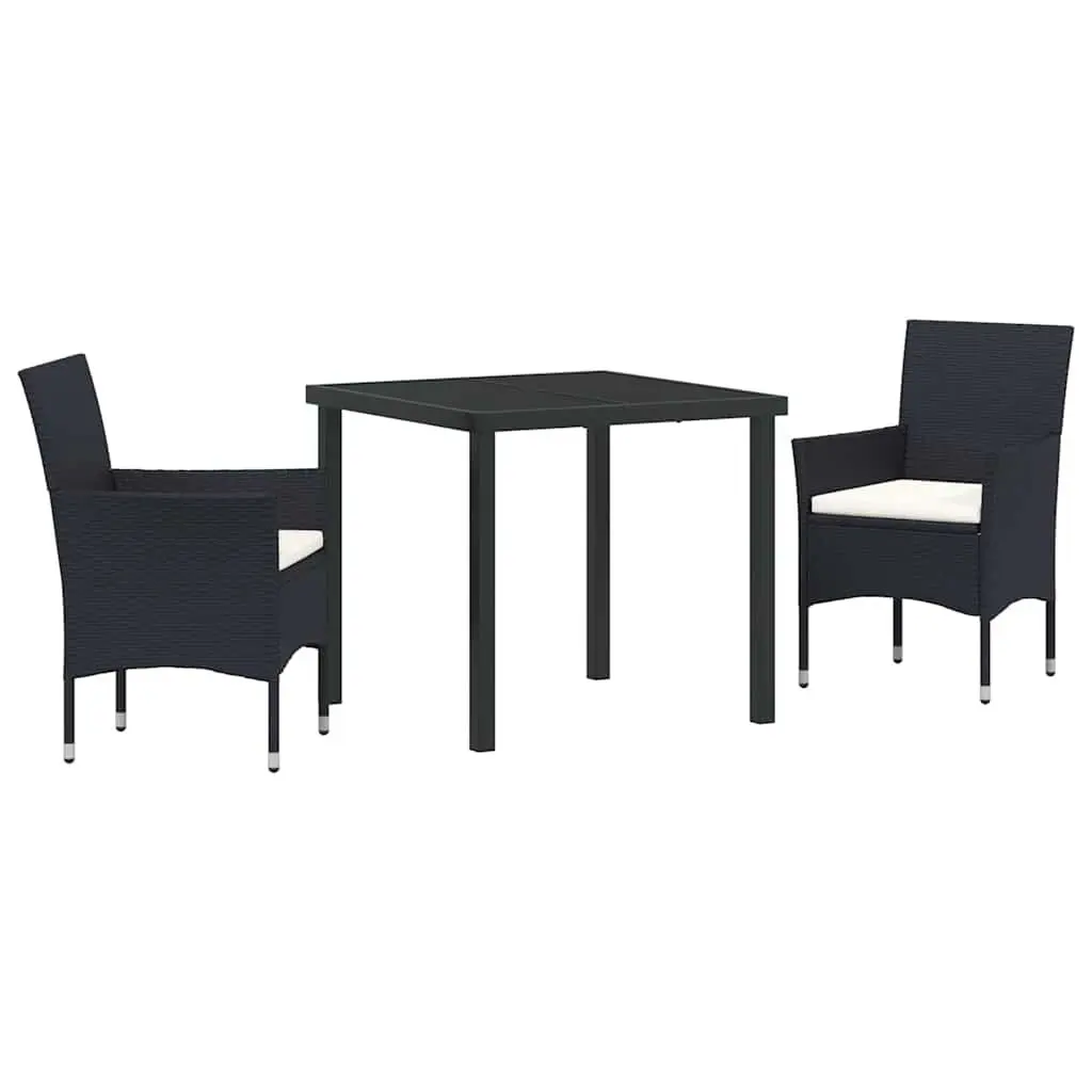 Outdoor Dining Set for Garden 3 Piece Cushioned Black Poly Rattan Chairs and Table