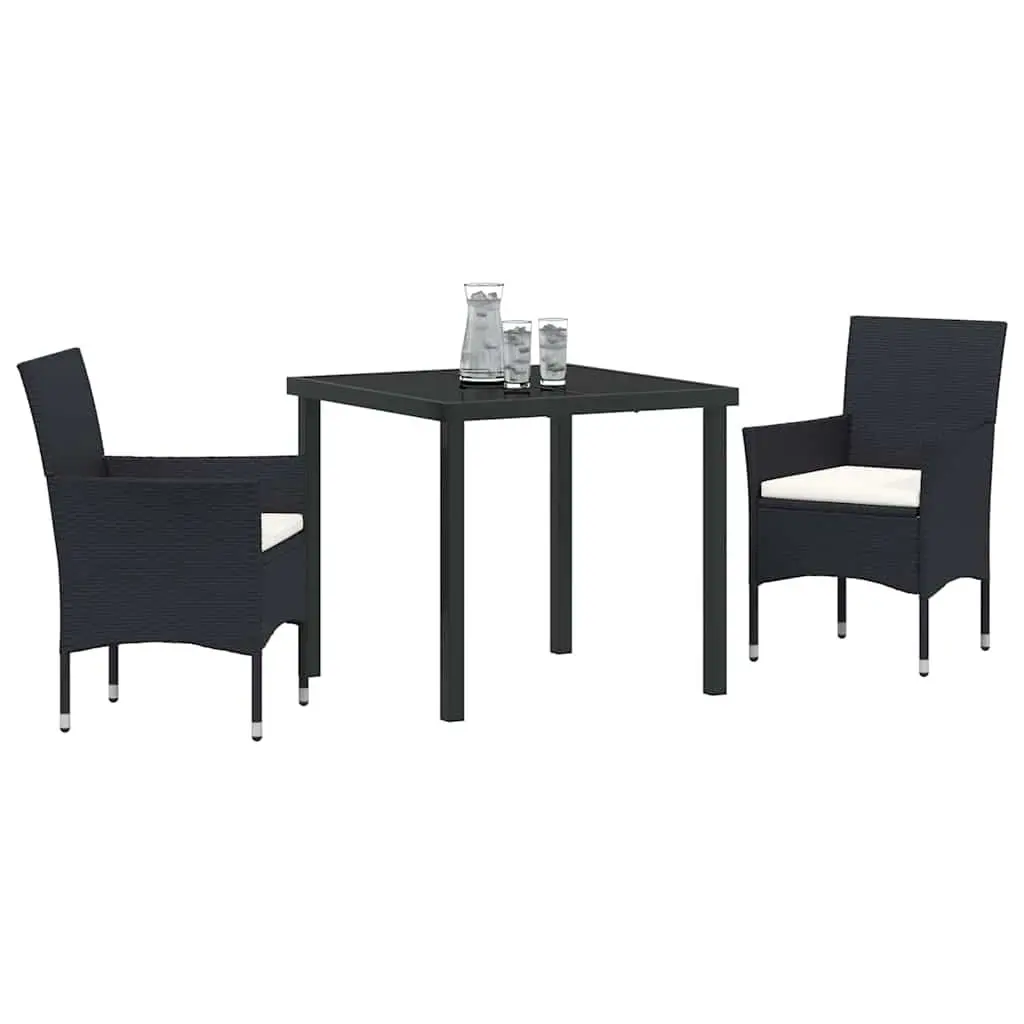 Outdoor Dining Set for Garden 3 Piece Cushioned Black Poly Rattan Chairs and Table