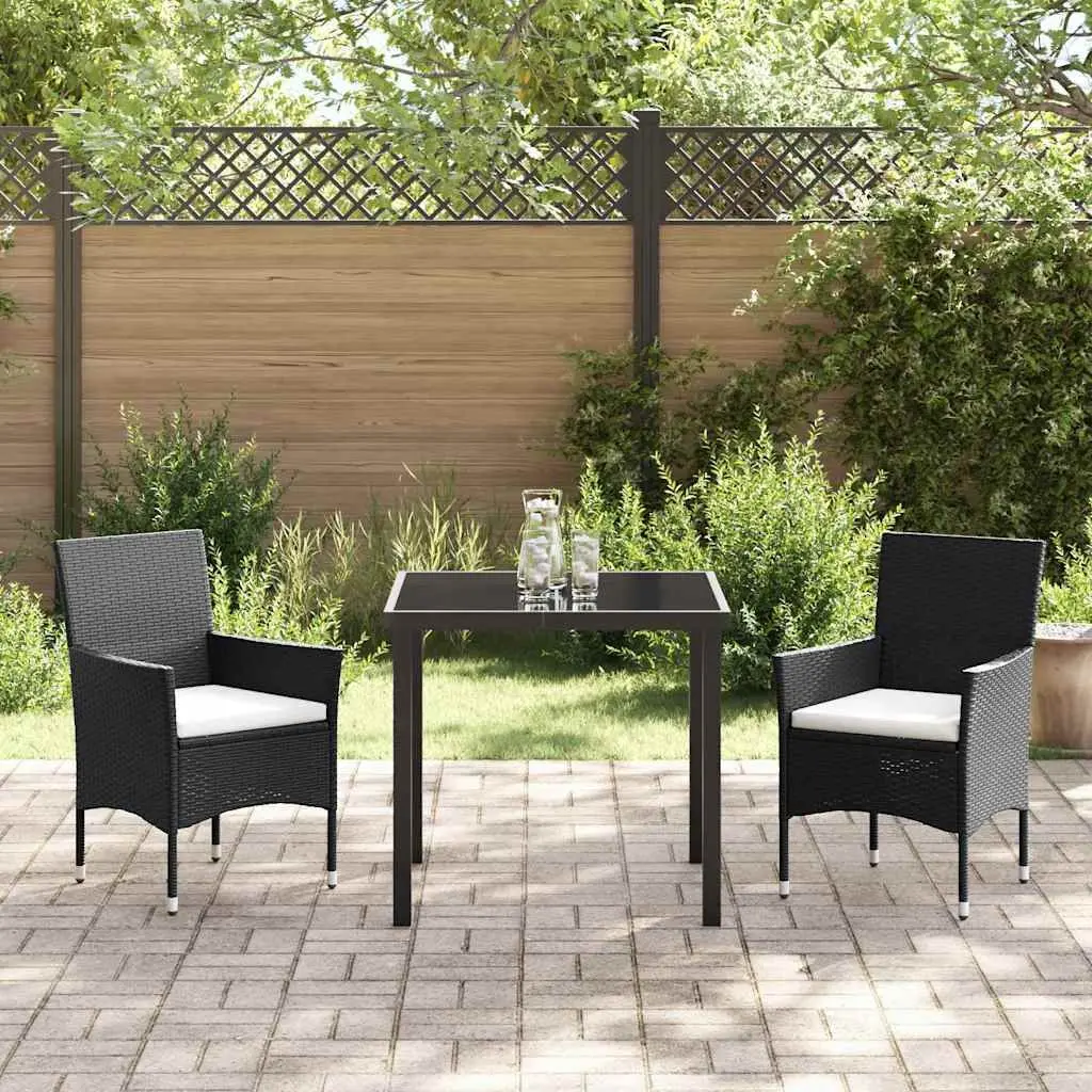Outdoor Dining Set for Garden 3 Piece Cushioned Black Poly Rattan Chairs and Table