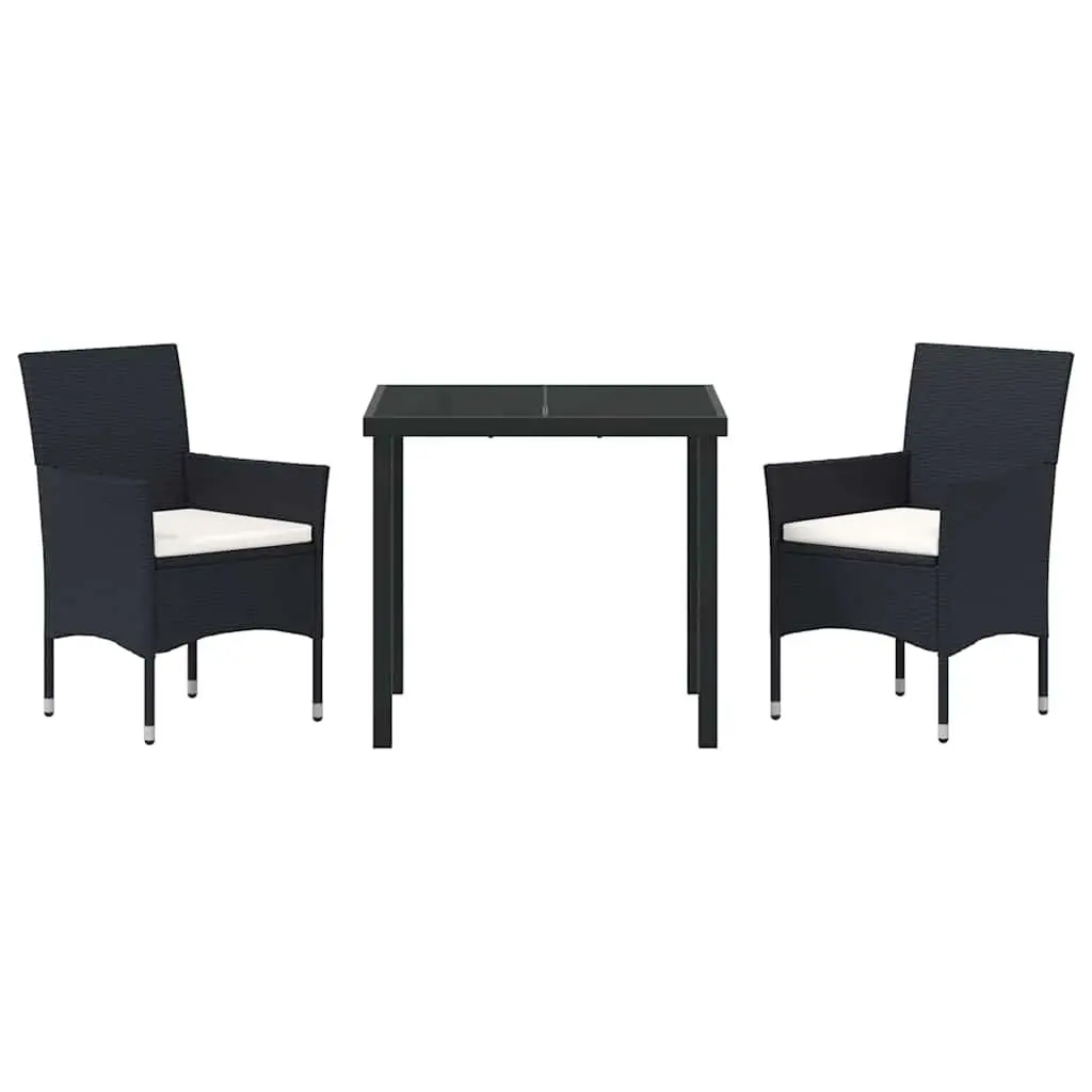 Outdoor Dining Set for Garden 3 Piece Cushioned Black Poly Rattan Chairs and Table