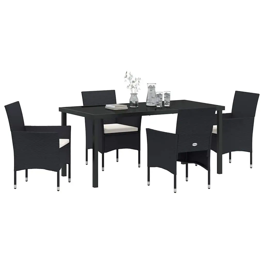 Outdoor Garden Dining Set 5 Piece Black Poly Rattan Chair Table Cushion Patio