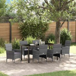 Garden Dining Set 7 Pieces Grey Outdoor Furniture with Cushions Glass Table
