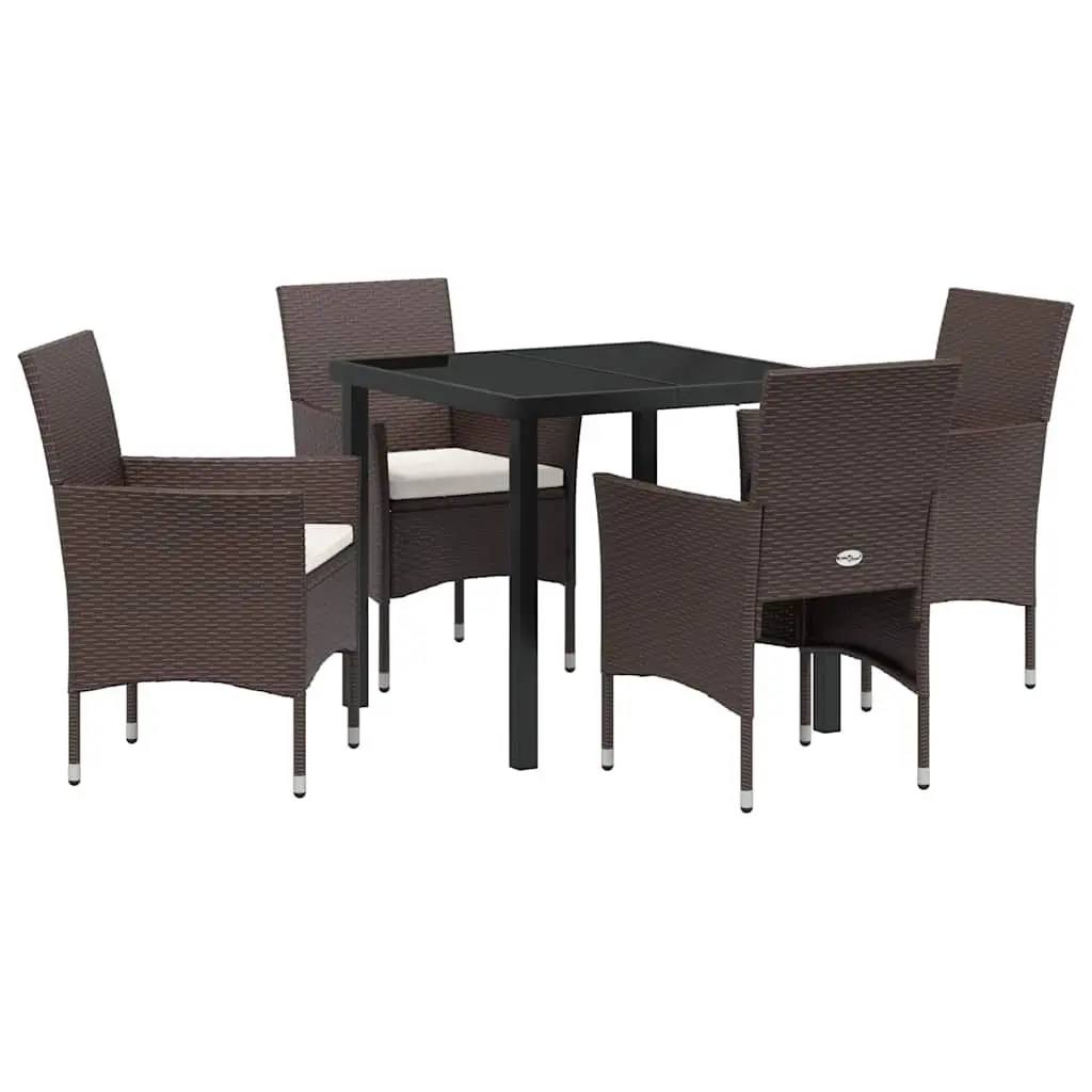 Outdoor Dining Set for Garden Patio 5 Pieces Brown Poly Rattan Tempered Glass Table Chairs