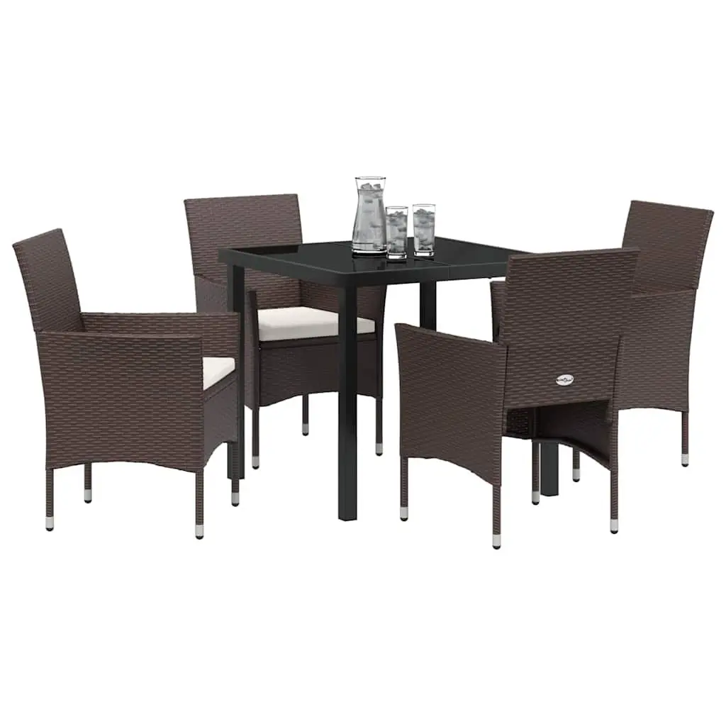 Outdoor Dining Set for Garden Patio 5 Pieces Brown Poly Rattan Tempered Glass Table Chairs