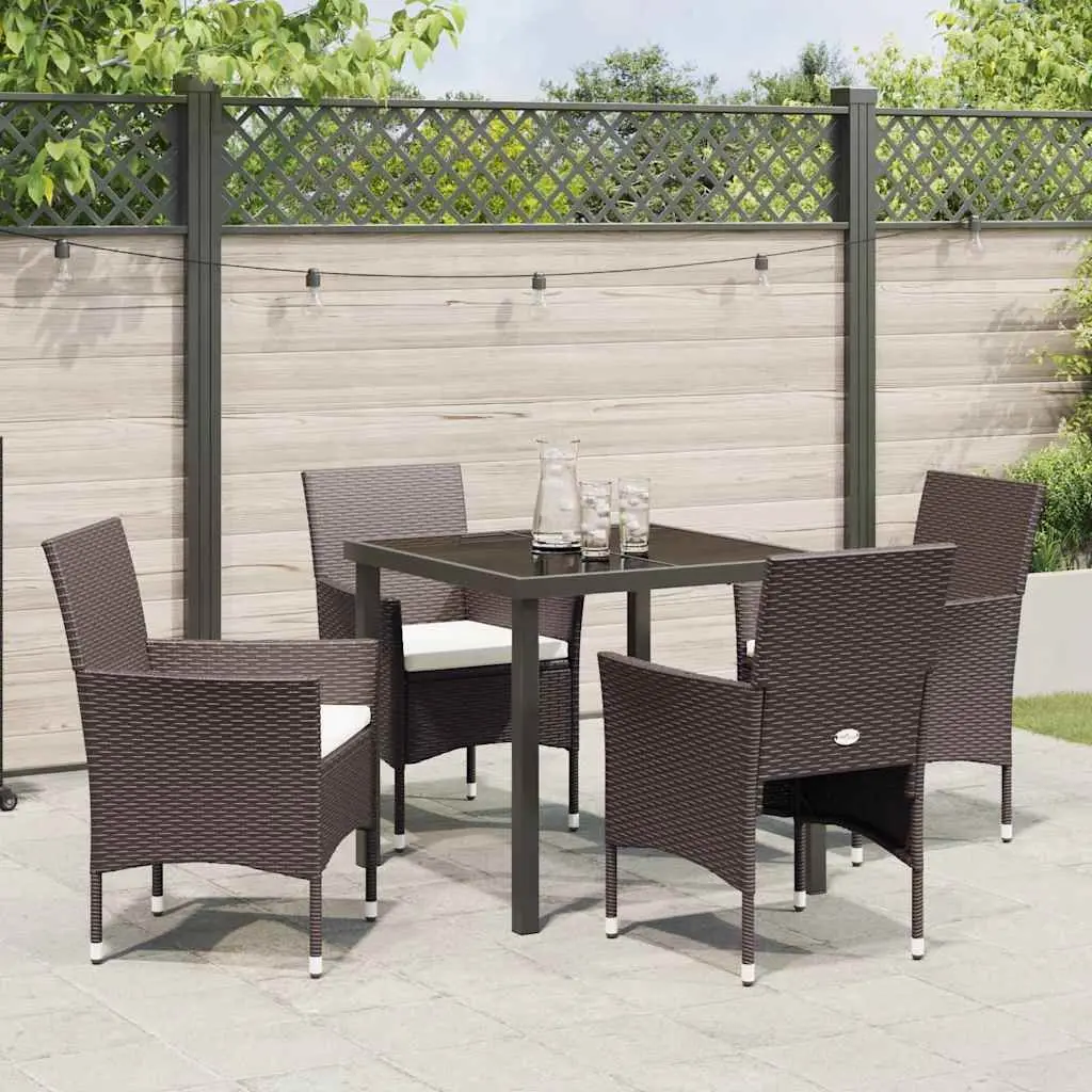 Outdoor Dining Set for Garden Patio 5 Pieces Brown Poly Rattan Tempered Glass Table Chairs
