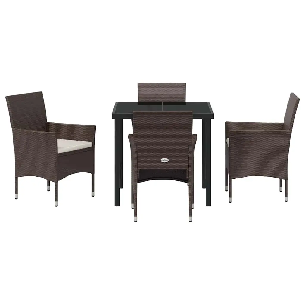 Outdoor Dining Set for Garden Patio 5 Pieces Brown Poly Rattan Tempered Glass Table Chairs