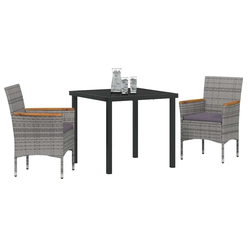 Outdoor Dining Set 3 Piece Garden Furniture Grey Poly Rattan Steel Frame Glass Top