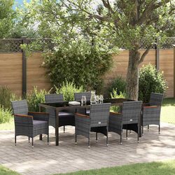 Garden Dining Set 7pcs Outdoor Patio Furniture Grey Poly Rattan Glass Table