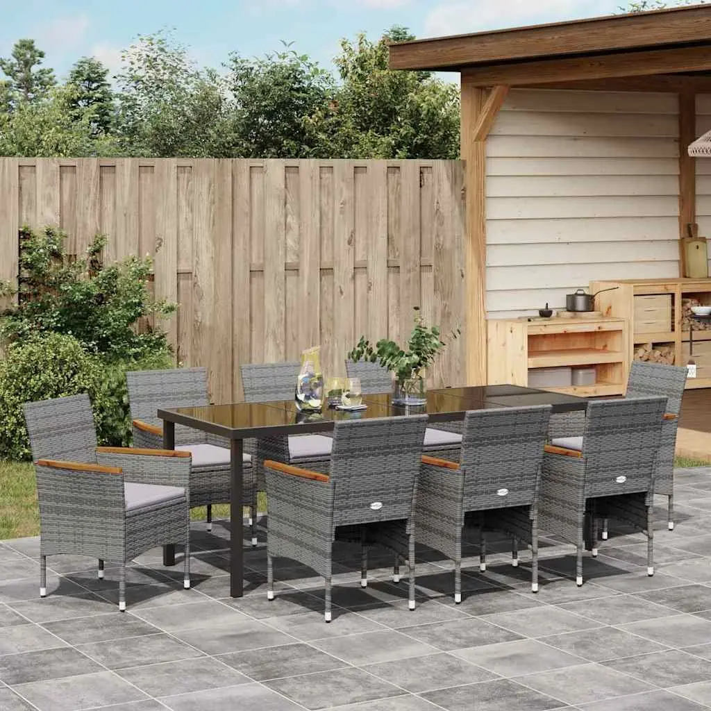 Garden Dining Set 9 Pieces Outdoor Patio Furniture Grey Poly Rattan Glass Top