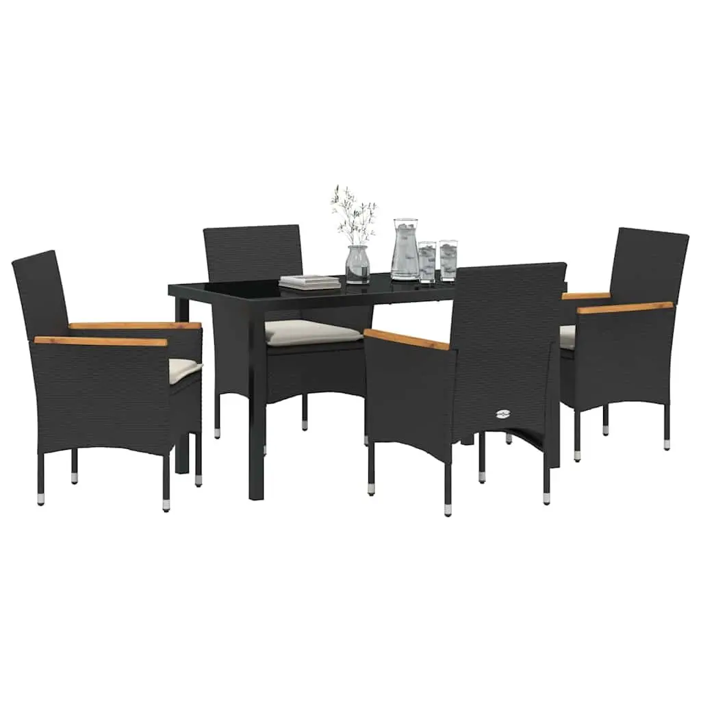 Garden Dining Set Outdoor 5 Piece Black Poly Rattan with Cushion Tempered Glass Table