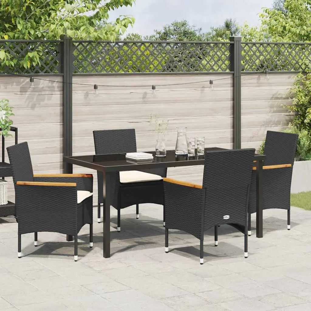 Garden Dining Set Outdoor 5 Piece Black Poly Rattan with Cushion Tempered Glass Table