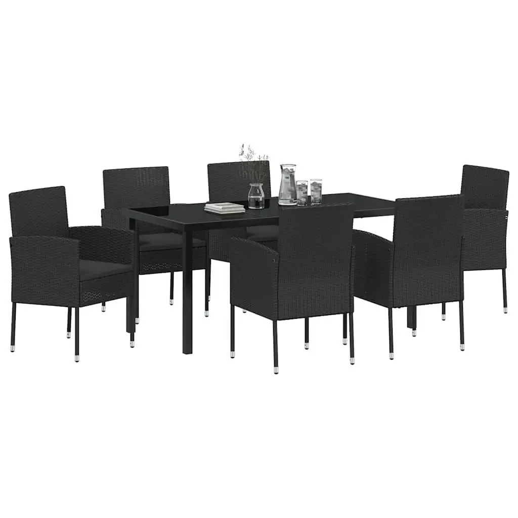 7 Piece Outdoor Furniture Set for Garden Dining Black Poly Rattan with Table and Cushioned Chairs