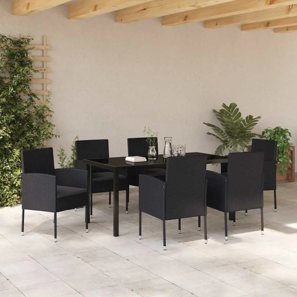 7 Piece Outdoor Furniture Set for Garden Dining Black Poly Rattan with Table and Cushioned Chairs