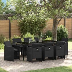 Outdoor Garden Dining Set 9 Piece Black Poly Rattan Table Chairs with Cushions