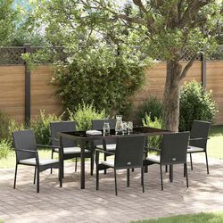 Outdoor Dining Set 7pcs Black Poly Rattan Garden Furniture Tempered Glass Table