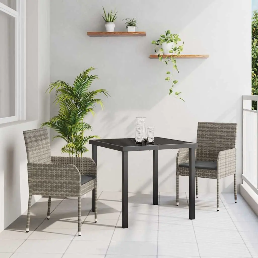 Garden Dining Set 3 Piece Outdoor Furniture Patio Garden Grey Poly Rattan Tempered Glass