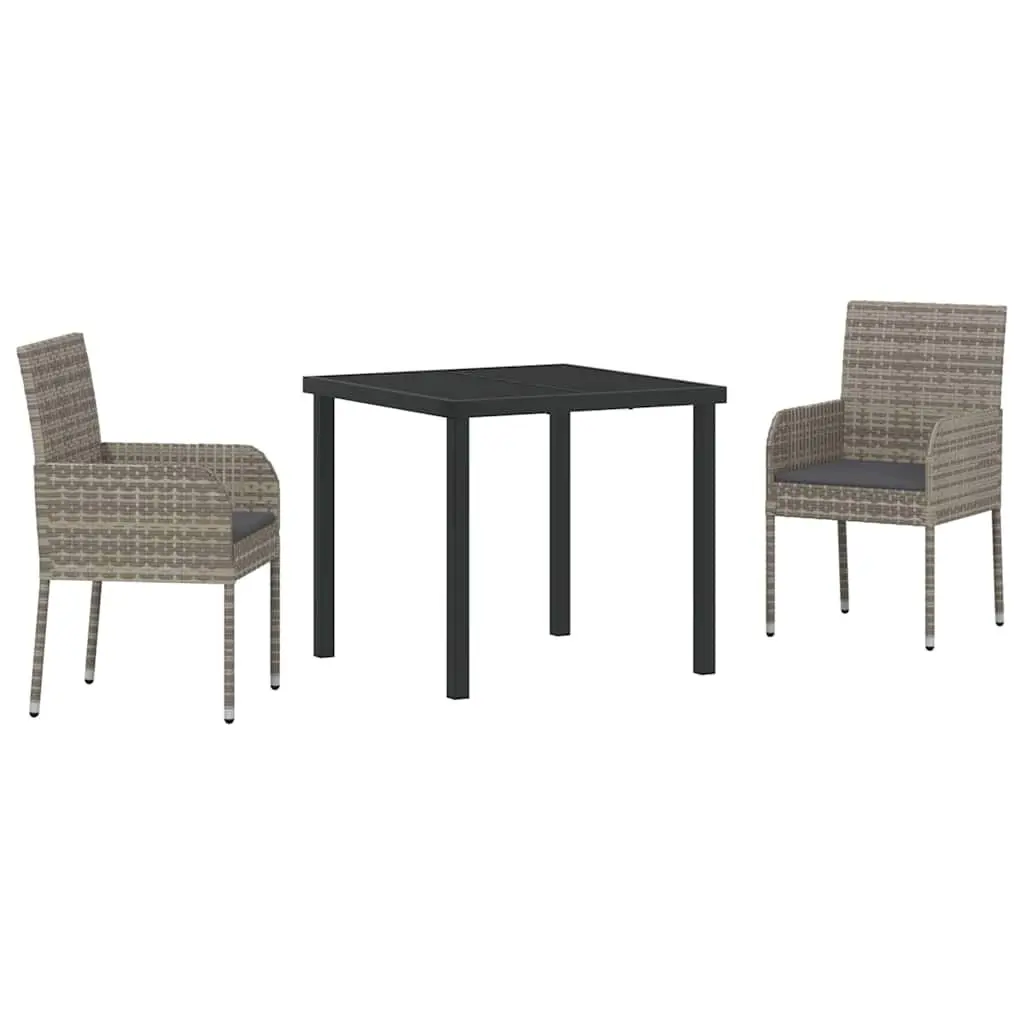 Garden Dining Set 3 Piece Outdoor Furniture Patio Garden Grey Poly Rattan Tempered Glass