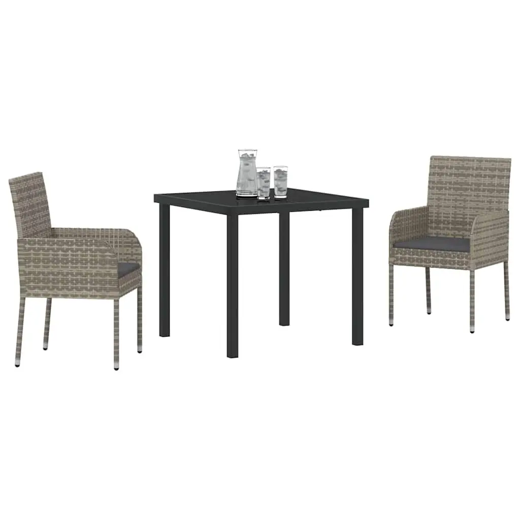 Garden Dining Set 3 Piece Outdoor Furniture Patio Garden Grey Poly Rattan Tempered Glass