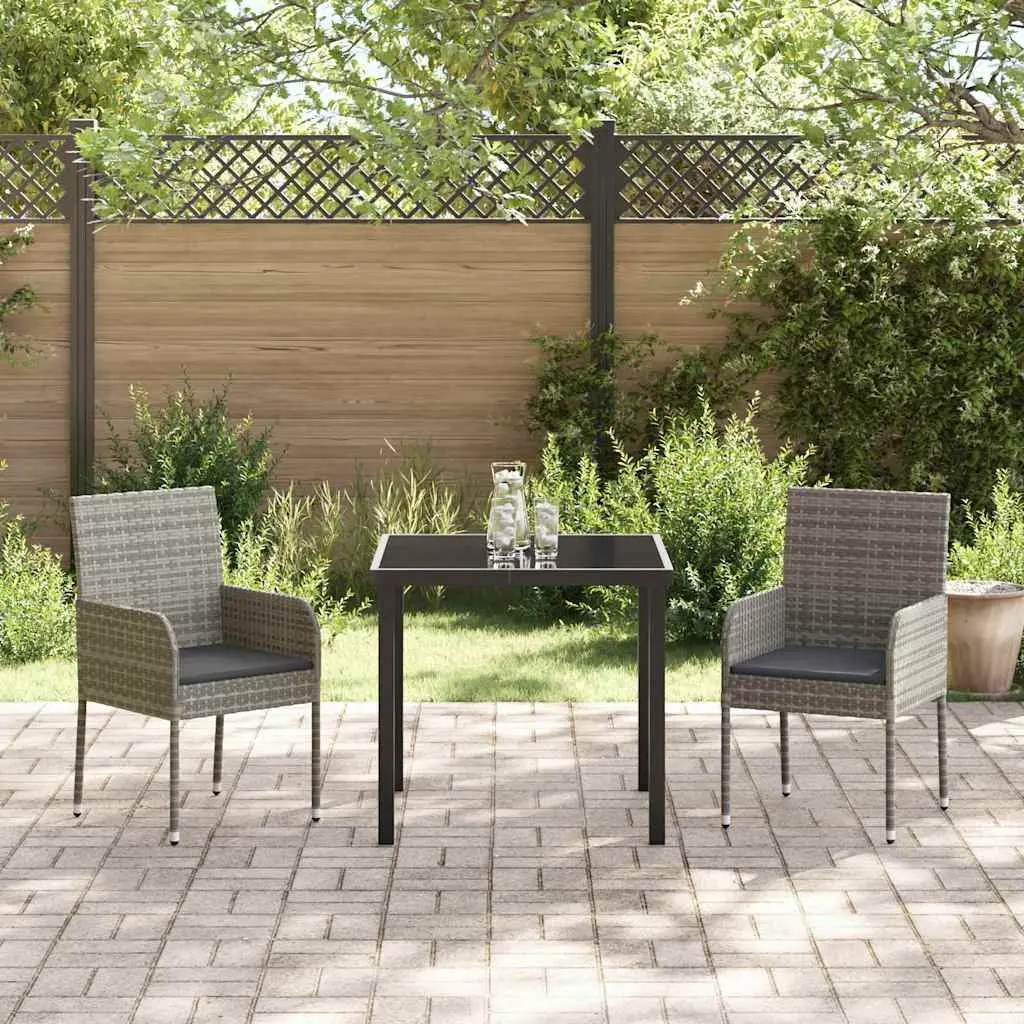 Garden Dining Set 3 Piece Outdoor Furniture Patio Garden Grey Poly Rattan Tempered Glass