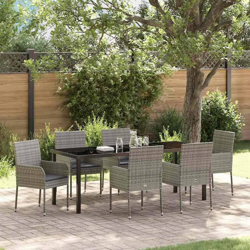 7-Piece Garden Dining Set Grey Poly Rattan Outdoor Furniture with Cushions