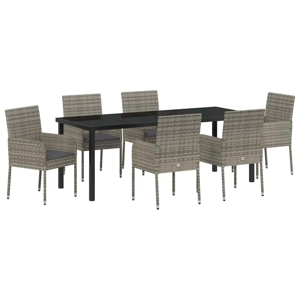 7-Piece Garden Dining Set Grey Poly Rattan Outdoor Furniture with Cushions