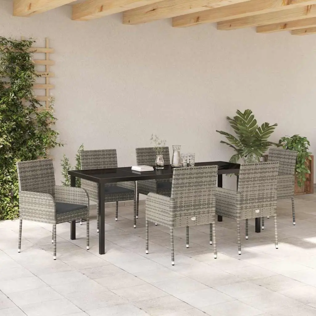 7-Piece Garden Dining Set Grey Poly Rattan Outdoor Furniture with Cushions