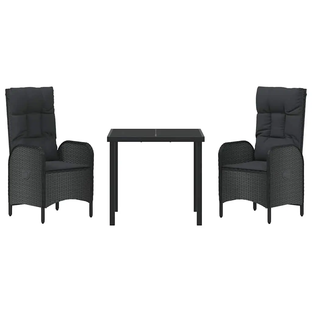 Outdoor Dining Set 3 Piece Garden Furniture Black Poly Rattan Cushion Patio