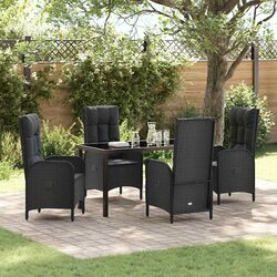 Outdoor Garden Dining Set 5 Pieces Black Poly Rattan with Cushions Patio
