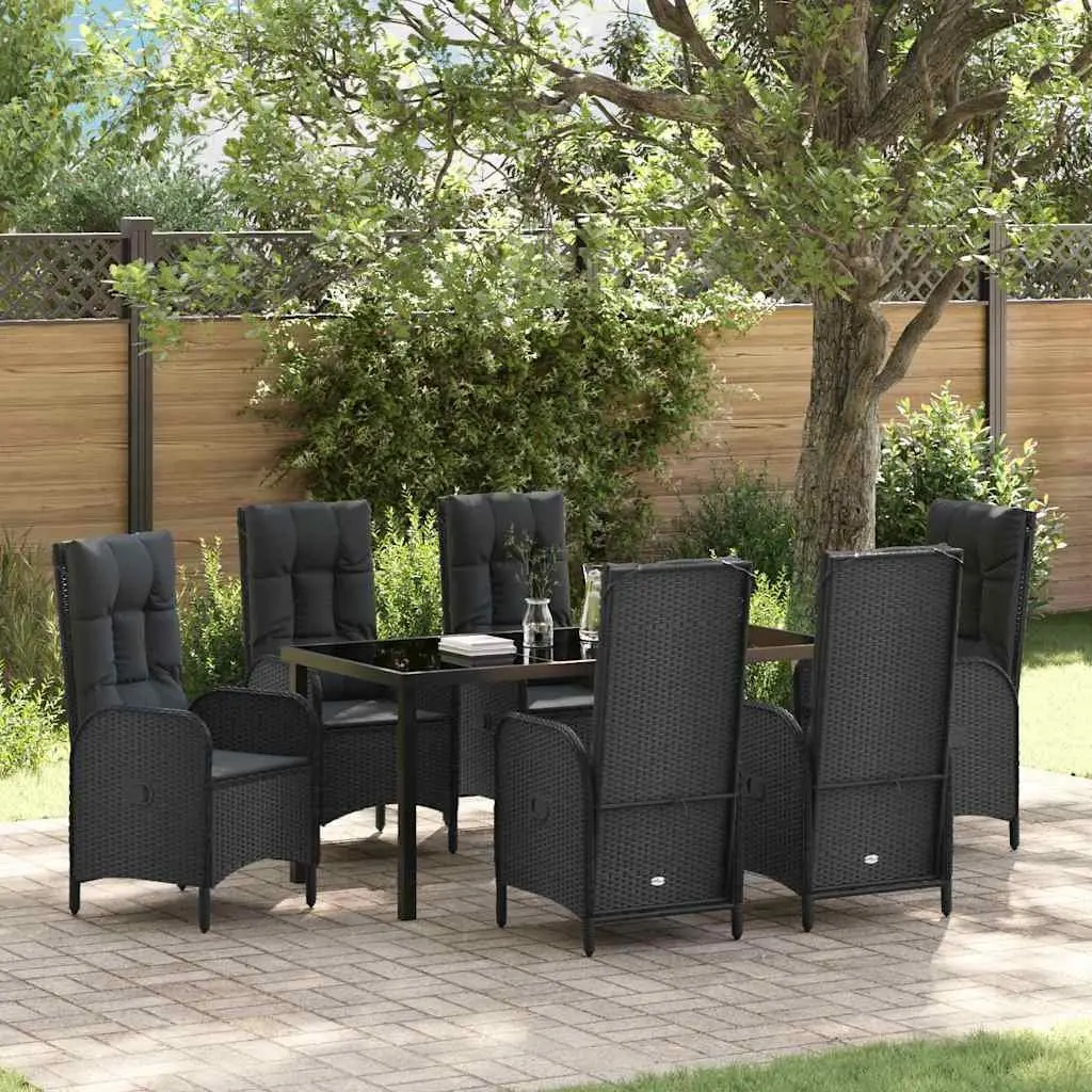 Outdoor Garden Dining Set 7 Pieces Black Poly Rattan Patio Furniture