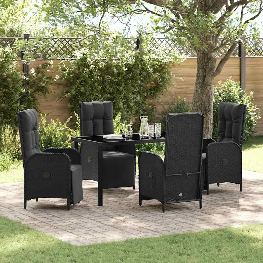 Garden Dining Set Outdoor Use 5 Piece Black Poly Rattan Table Chairs with Cushions