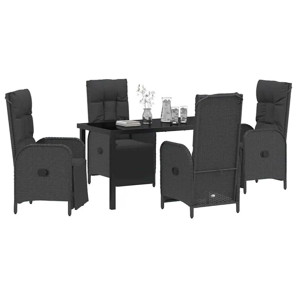 Garden Dining Set Outdoor Use 5 Piece Black Poly Rattan Table Chairs with Cushions