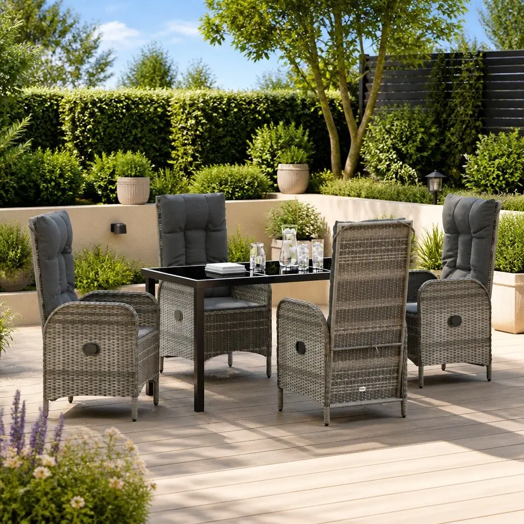 Garden Dining Set Outdoor 5 Piece Grey Poly Rattan Cushion Patio Furniture