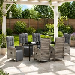 Grey 7-Piece Garden Dining Set with Cushions and Glass Tabletop