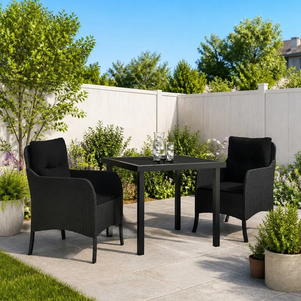 Outdoor Dining Set Garden 3 Piece Black Poly Rattan Furniture with Cushions