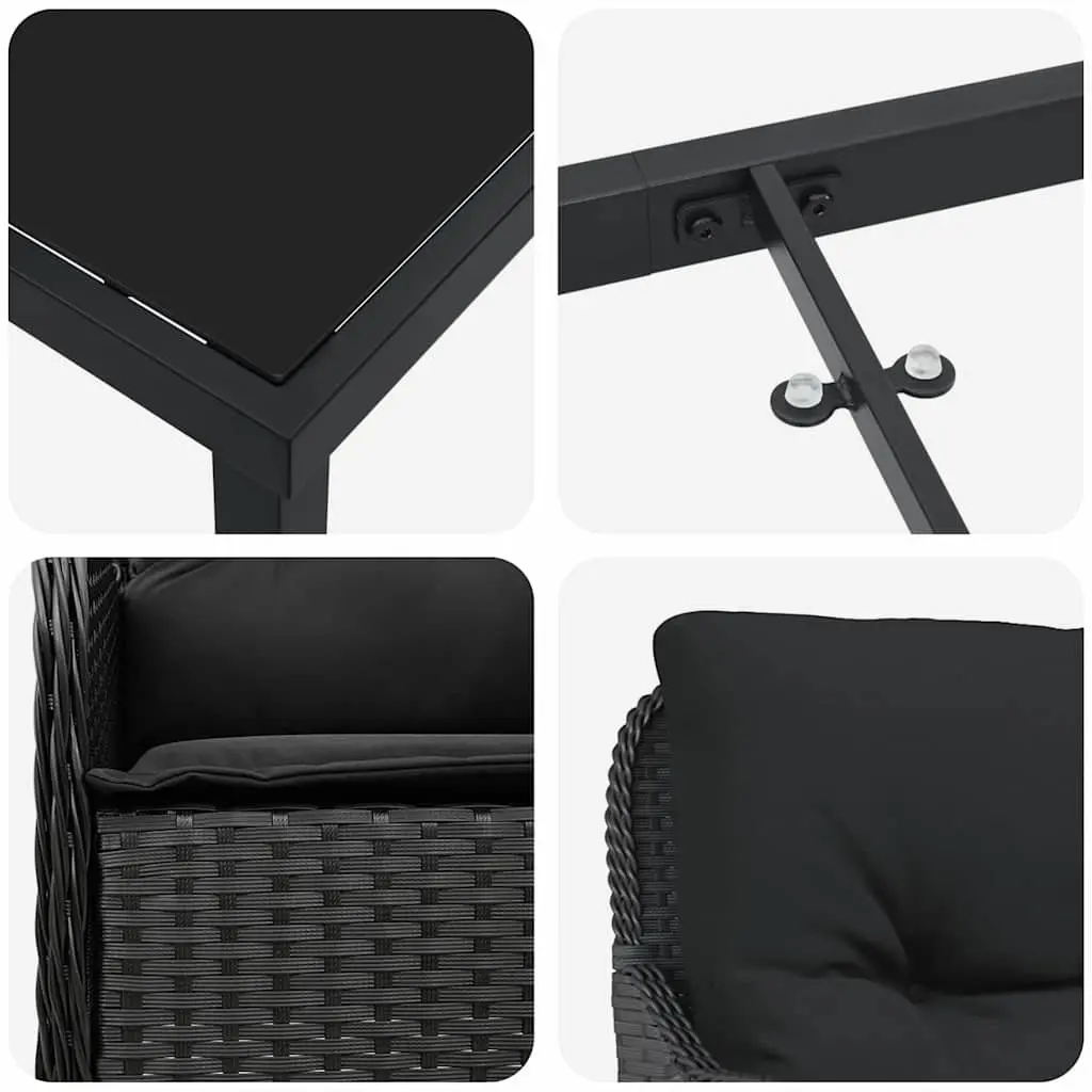 Outdoor Dining Set Garden 3 Piece Black Poly Rattan Furniture with Cushions