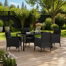 5 Piece Outdoor Dining Set: Black Poly Rattan with Cushions Included