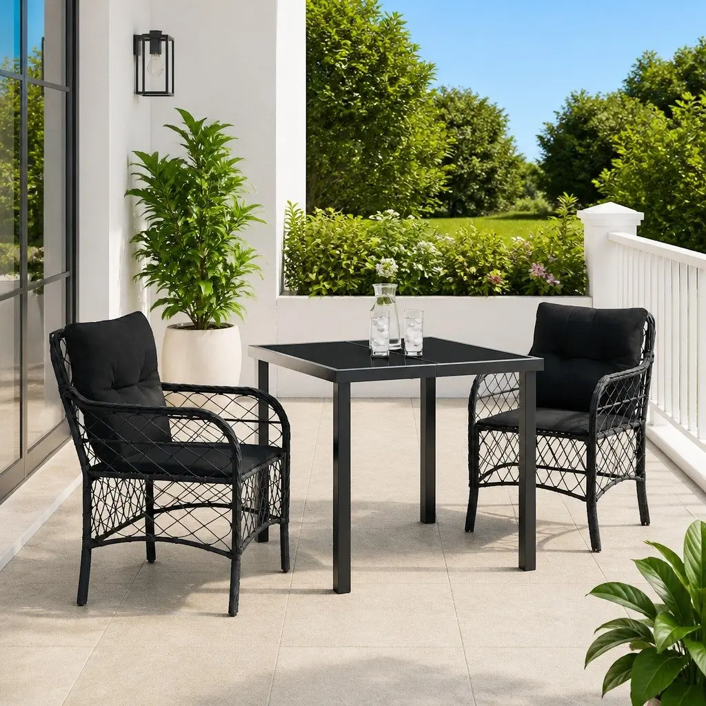 Garden Dining Set 3 Pieces Outdoor Use Black Poly Rattan with Cushions